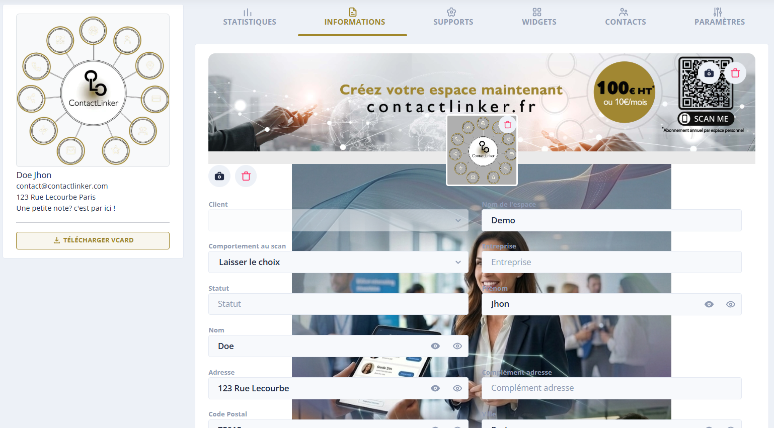 Aperçu du back-office Contactlinker