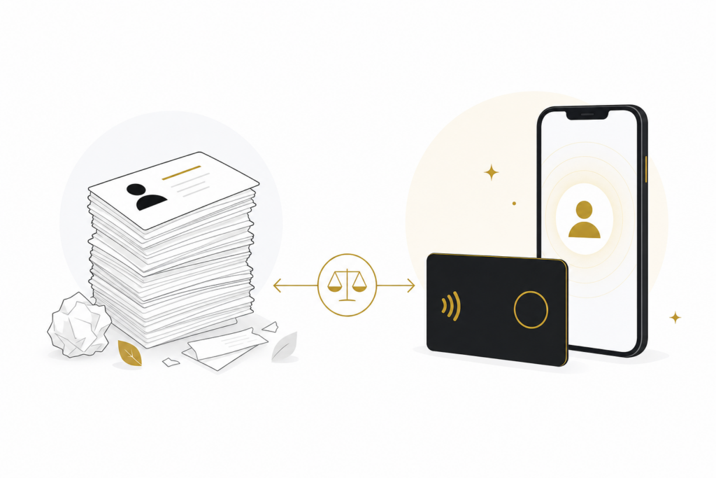 Carte de visite NFC face à une pile de cartes papier : faut-il encore imprimer
